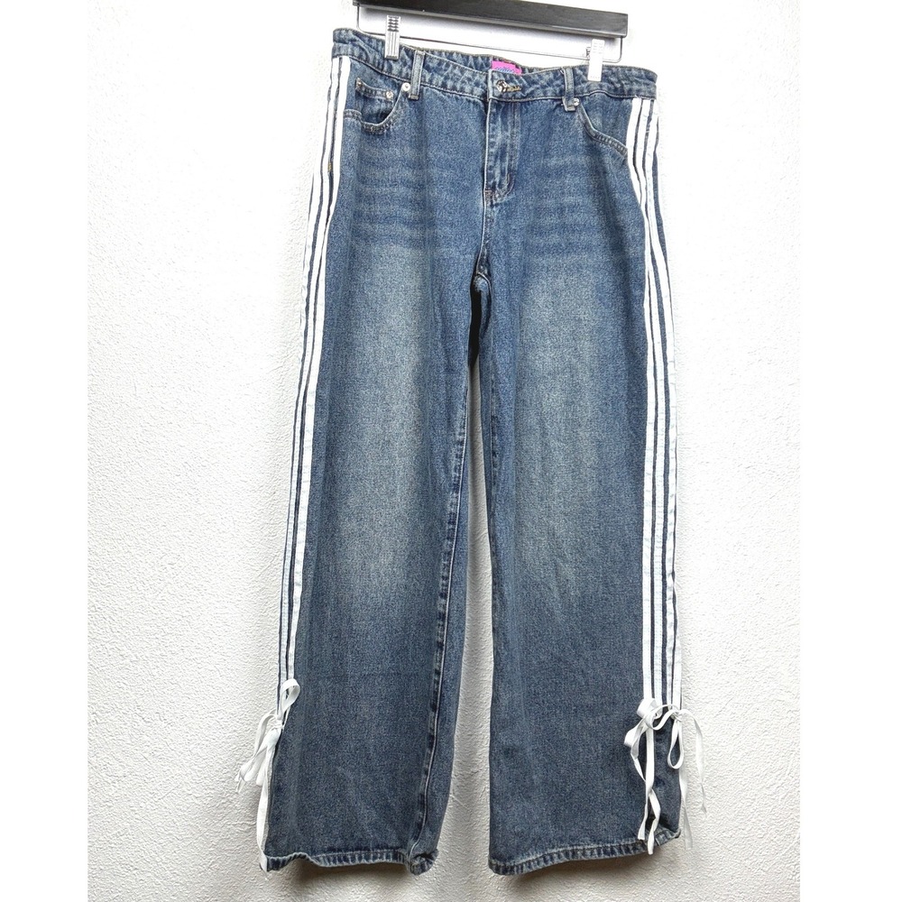 Edikted LLC Wide Leg Jeans - XL - Side Stripe Ribbon Tie Y2K Gorpcore Sporty